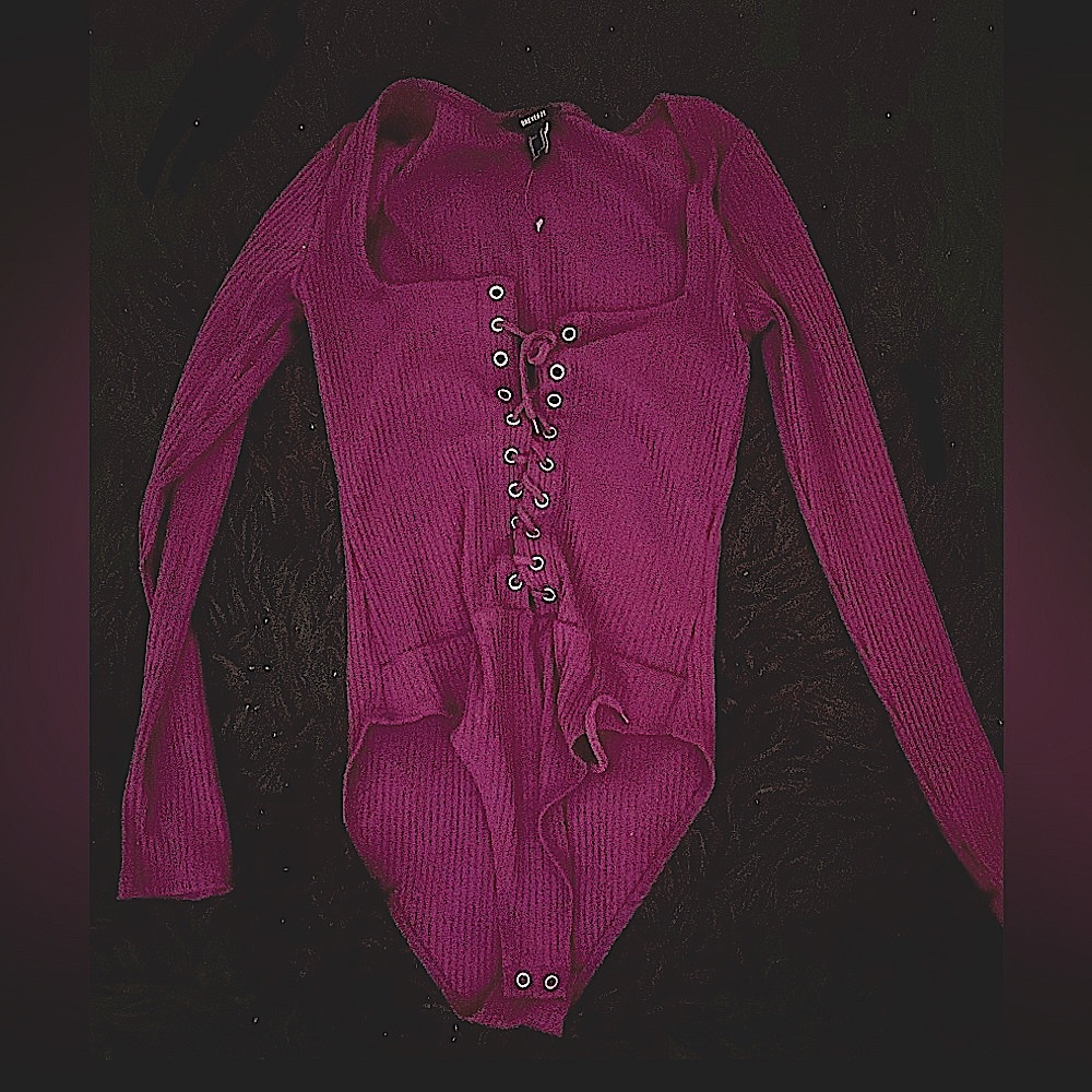 Deep Purple Long Sleeved Bodysuit With Crisscross Lacing